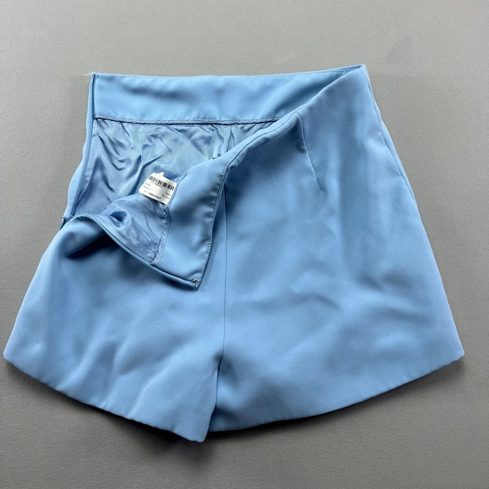 Zara High Waisted Shorts Womens XS Light Blue Side Zip Modern Minimalist Casual